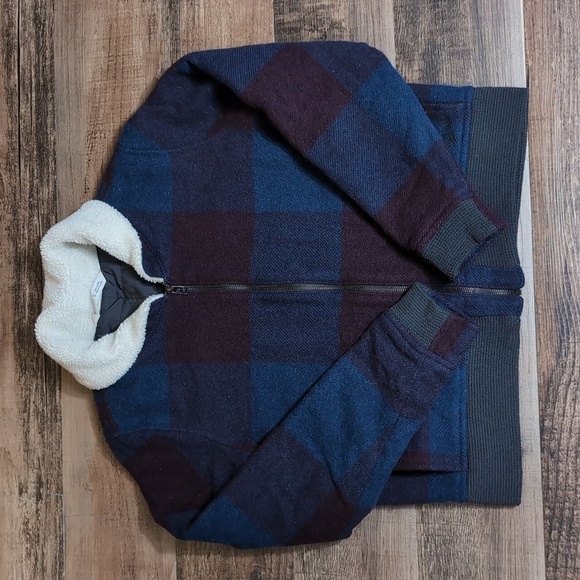 Woolrich Giant Buffalo Plaid Wool Bomber Jacket Size Medium In Blue & Brick Red - Picture 1 of 10